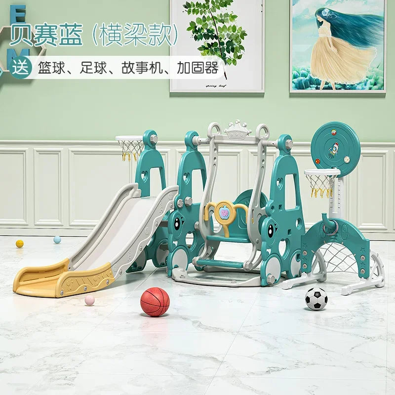 Children's playground set with slide, swing, and climbing structure on a light wooden floor.