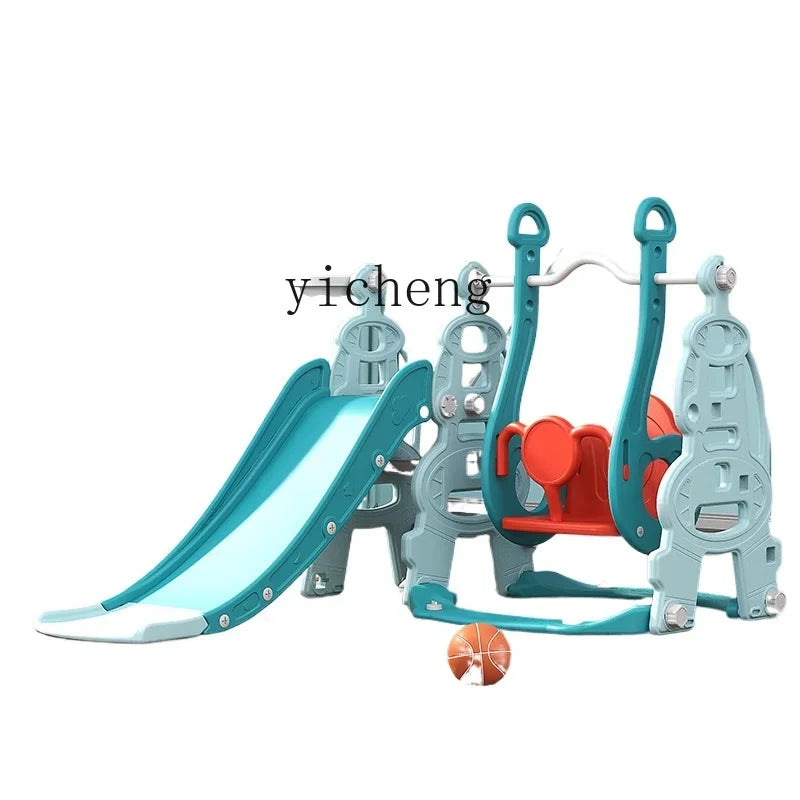 Children's playground slide and swing set with basketball hoop