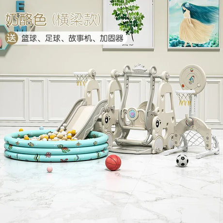 Children's play area with slides, swings, and balls on a marble floor.