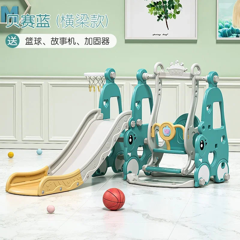 Children's playground equipment with slide and swing set on a light wooden floor.