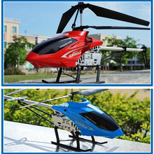 Two toy helicopters, one red and one blue.