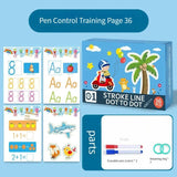 Educational children's activity book with pen control training pages and a box on a blue background.