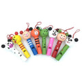 Set of colorful wooden animal whistles.