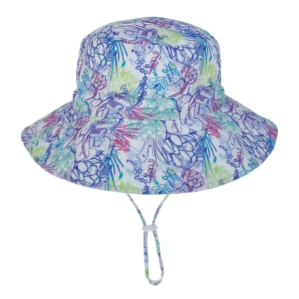 Colorful bucket hat with floral pattern on a white background