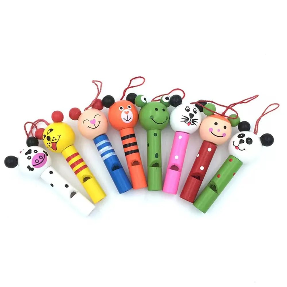 Bundle of 30 mini wooden animal whistles for large party favor packs and baby shower giveaways.