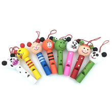 Bundle of 30 mini wooden animal whistles for large party favor packs and baby shower giveaways.