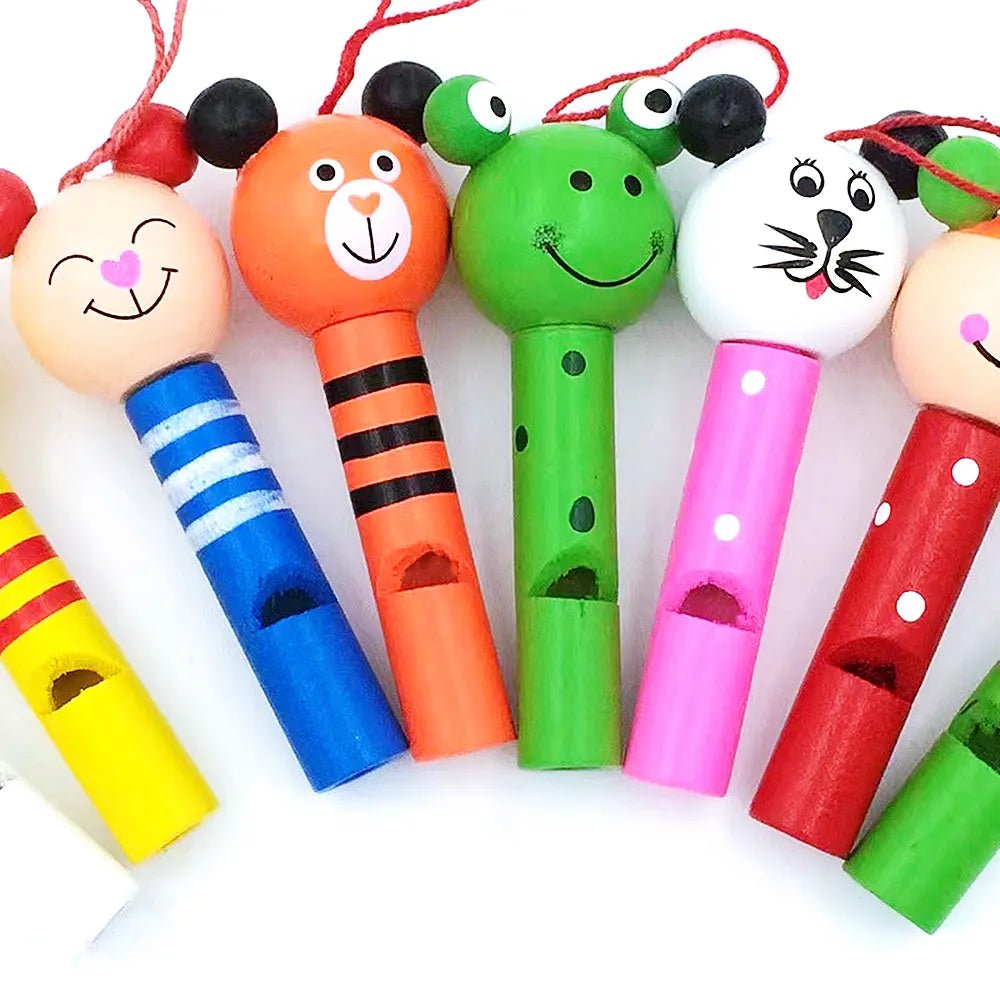 Mini wooden animal whistles with colorful painted faces for party favor bags and playful noise making.