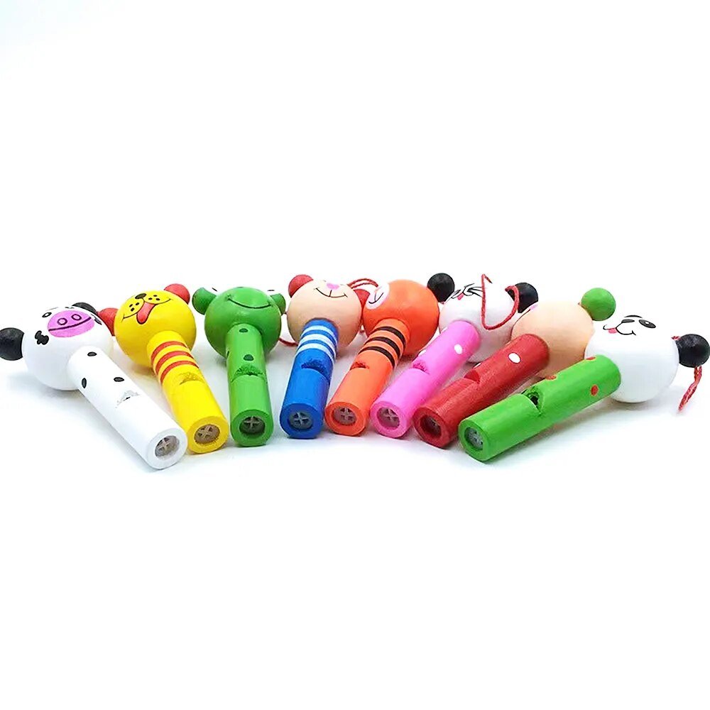 Assorted wooden animal whistle designs for party favor bags and interactive kids play.