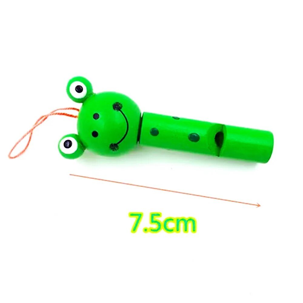 Green frog shaped wooden whistle with size detail from the mini animal whistle set for party favors.