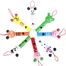 Colorful wooden animal whistles arranged as goodie bag fillers for kids parties and celebrations.