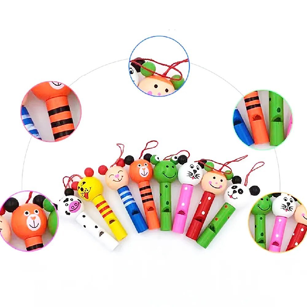 Close up of colorful wooden animal whistle toys for kids party favors and baby shower giveaways.