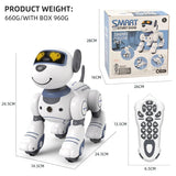 Smart robot dog toy with packaging, remote control, and dimensions displayed.