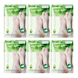 Multiple packages of aloe vera foot mask with images of feet and aloe vera leaves.