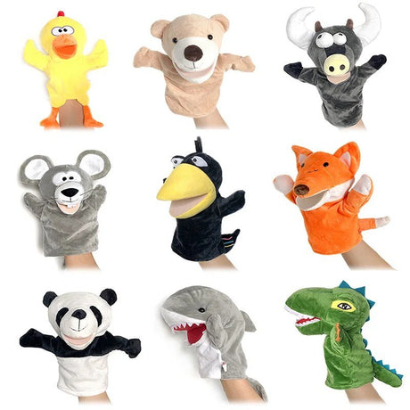 Set of animal hand puppets including a duck, bear, bull, mouse, crow, fox, panda, shark, and dinosaur on a white background.