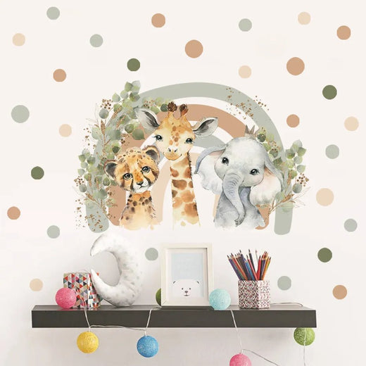 Children's room decor with animals, shelf, and polka dot wall.