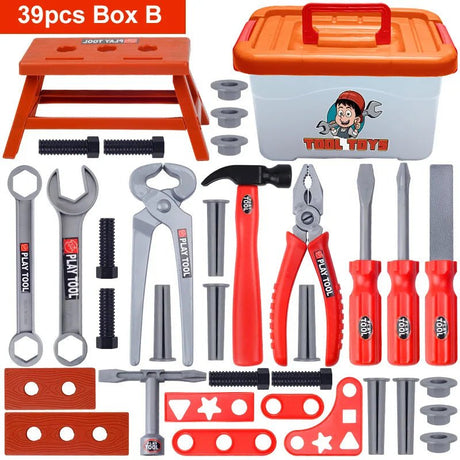 Set of tools including a step stool, toolbox, and various hand tools with 'Toy Tool' branding.