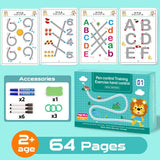 Educational activity book with number, letter, and line drawing pages on a blue background.