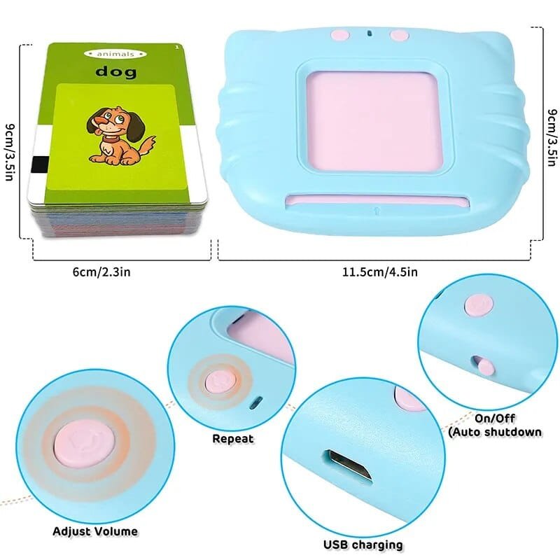 Children's educational toy with cards and a small screen, showing dimensions and features.