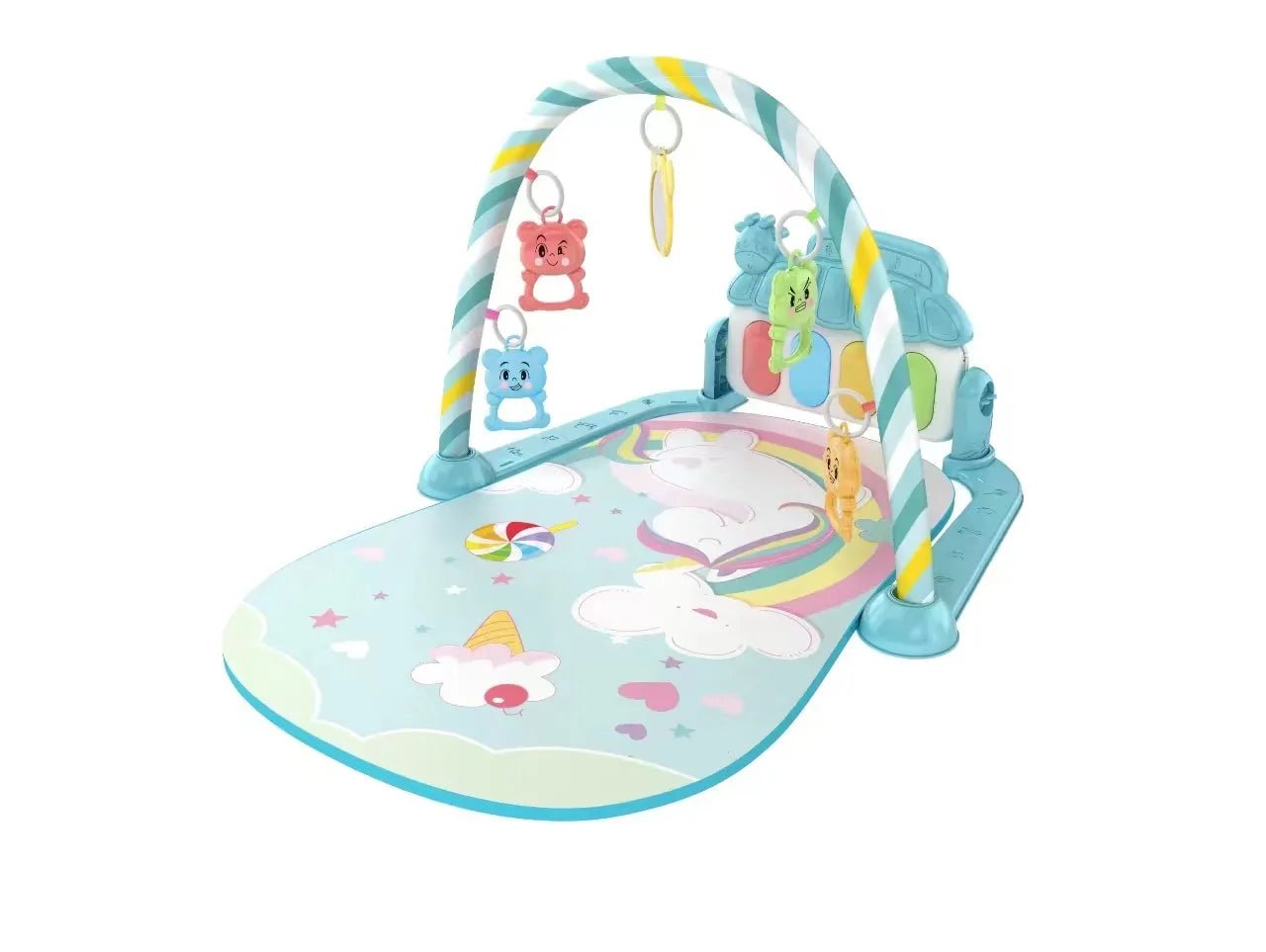 Baby play mat with colorful toys and patterns on a white background