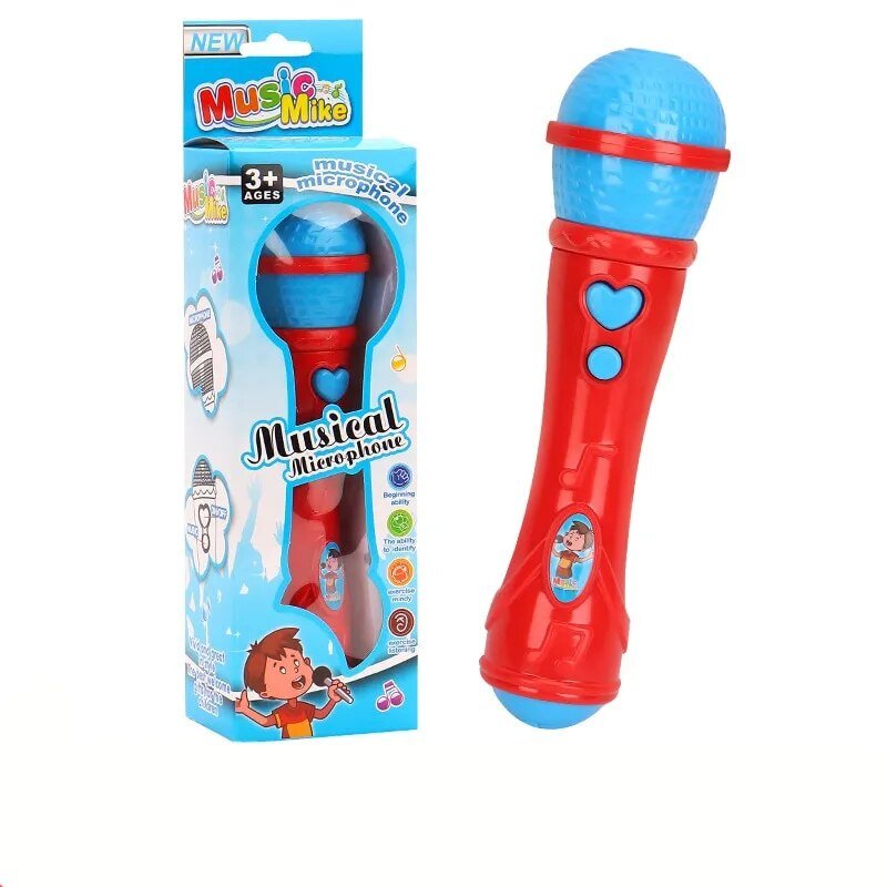 Red and blue toy microphone with packaging labeled 'Music Mike' on a white background
