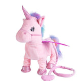 Pink plush unicorn toy with a rainbow mane.