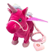 Pink electric walking unicorn plush toy with a heart shaped tag for cuddly interactive play.