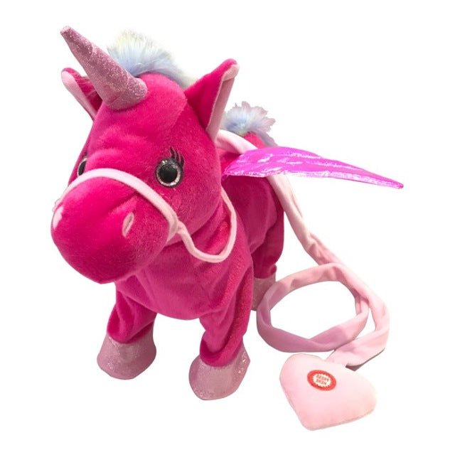 Detail view of the pink walking unicorn plush toy heart tag for interactive cuddle toy play.