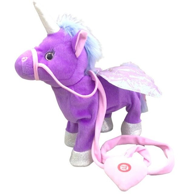Side view of the purple walking unicorn plush toy with pink mane for interactive battery operated play.