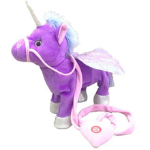 Side view of the purple walking unicorn plush toy with pink mane for interactive battery operated play.