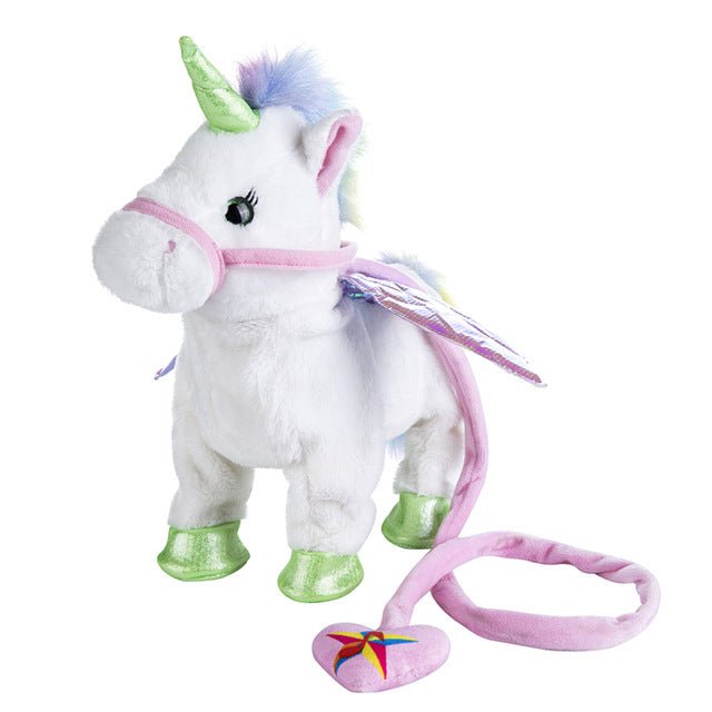 Electric walking unicorn plush toy with a colorful horn and rainbow star for magical pretend play.