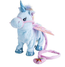 Electric walking unicorn plush toy with wings for interactive play and nursery shelf display.