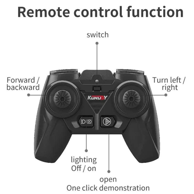 Black remote control with labeled functions on a white background