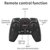 Black remote control with labeled functions on a white background