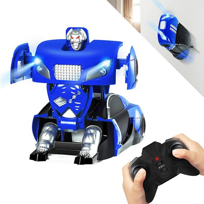 Blue robot toy with remote control.