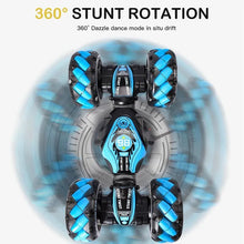 Blue and black RC car performing 360 degree stunt rotations, a trick toy for energetic living room play.
