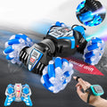 Gesture-sensing RC stunt car for 360-degree drift shown with its wrist remote control.