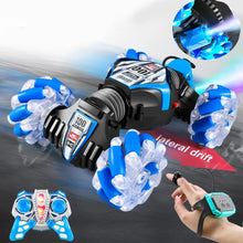 Gesture-sensing RC stunt car for 360-degree drift shown with its wrist remote control.