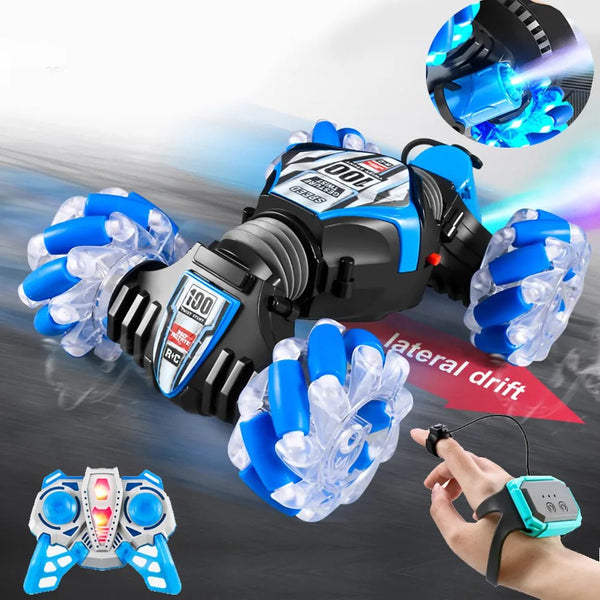 Gesture-sensing RC stunt car for 360-degree drift shown with its wrist remote control.