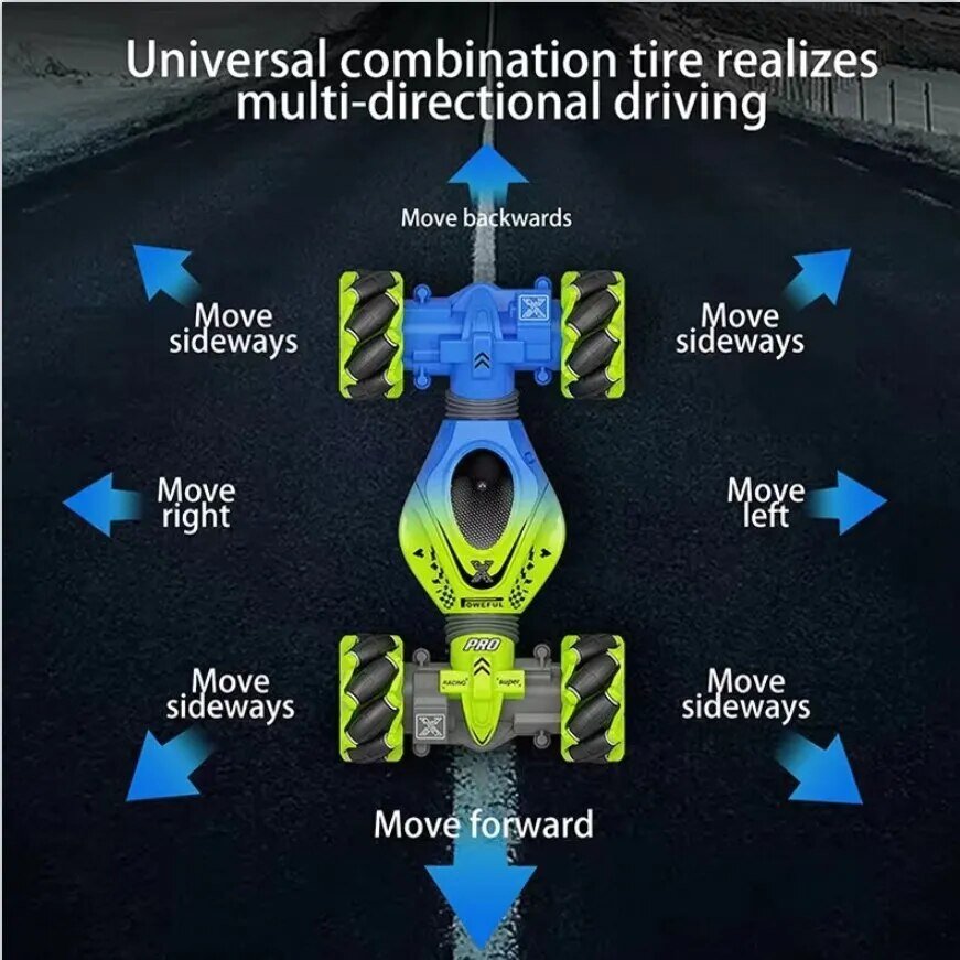 Smart gesture drift RC car with 360-degree twist and climb shown with its tire movement diagram.