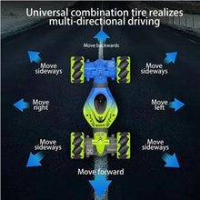 Smart gesture drift RC car with 360-degree twist and climb shown with its tire movement diagram.