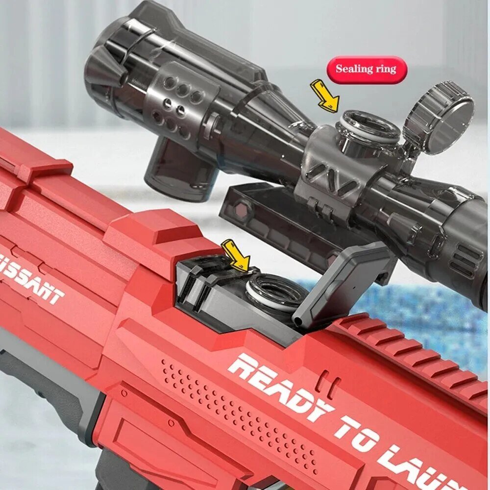 Red and gray toy launcher with a close-up of the sealing ring on a light gray background.
