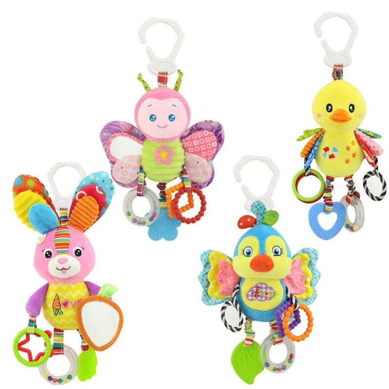 Set of colorful baby toys with animals on a white background