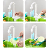 Children's play kitchen set with sink, toys, and water flow simulation.