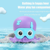 Purple and blue octopus toy with goggles in water on a light blue background