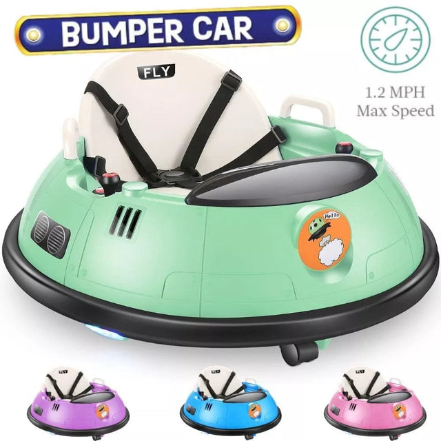 Children's bumper car with safety harness, colorful options, and speed information.