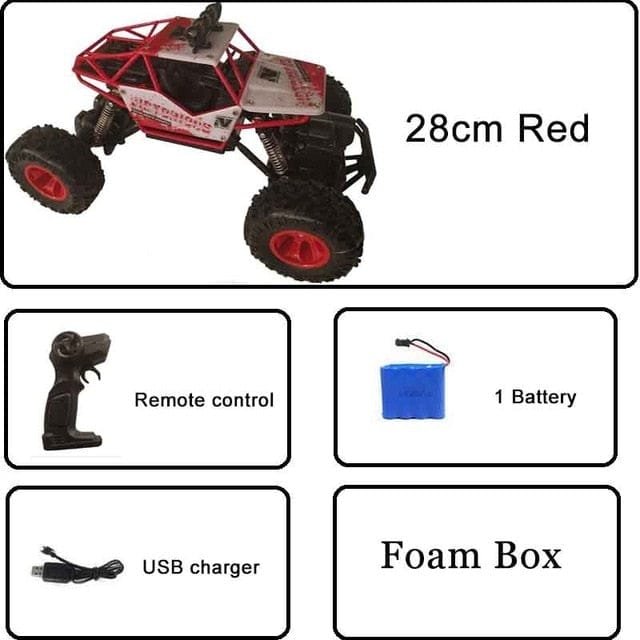 Red remote-controlled toy truck with accessories
