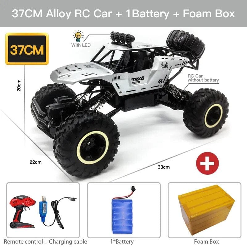 Yellow alloy 37cm RC buggy with battery and protective foam packaging, ready for off-road racing from the box.
