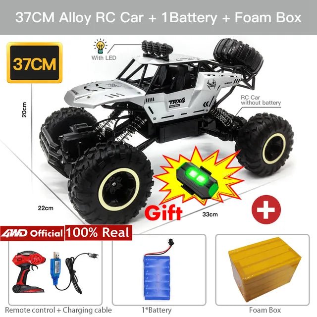 37cm alloy RC off-road buggy with LED lights and battery pack, an all-terrain racing toy for garden and park driving.