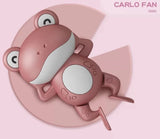 Pink cartoon shark-shaped fan on a pink background with 'Carlo Fan' branding.