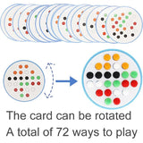 Set of circular cards with colored dots and text indicating rotation and play possibilities.